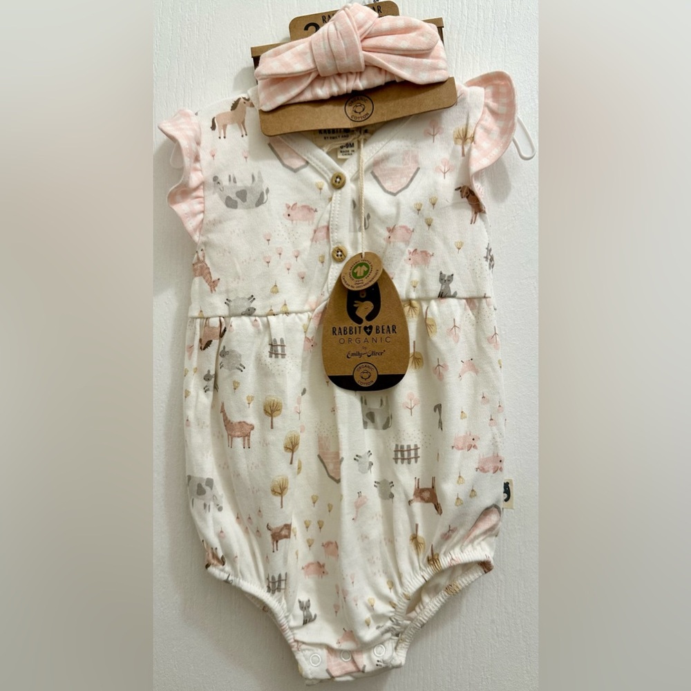 NWT Rabbit & Bear Organic Cotton Baby Bubble & Headband Farm Print/Pink Gingham